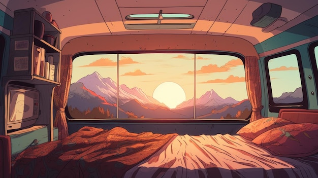 Nostalgia Pop Art Vector Art 1960s Camper Bed With Mountain View