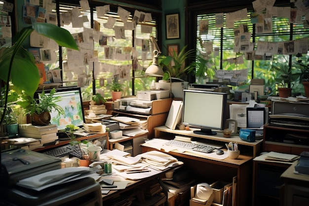 Ностальгический офис 1990-х с бумажной работой, старинными компьютерами и беспорядок ИИ