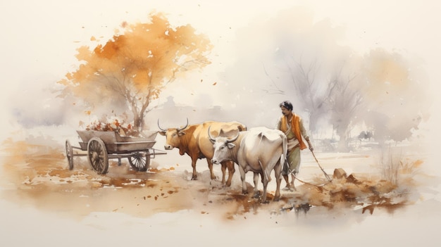 a nostalgic and aesthetically pleasing watercolor painting of an Indian farmer with a cow and a bull