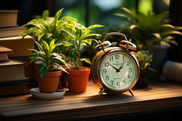 Nostalgic alarm clock and green houseplant set on wooden surface