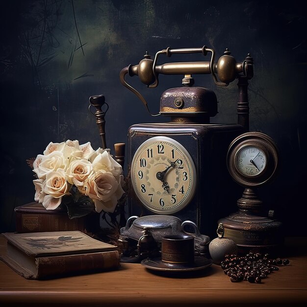 Nostalgic antique desk with old clock phone and table clock Generated by AI