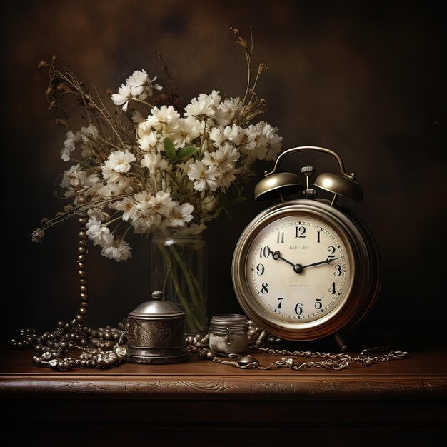 Nostalgic antique desk with old clock phone and table clock Generated by AI