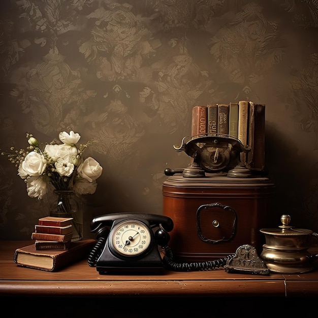 Nostalgic antique desk with old clock phone and table clock Generated by AI