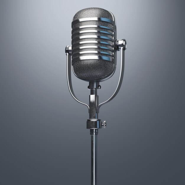 Photo nostalgic audio setup 3d rendering of retro silver microphone on gray for social media post size