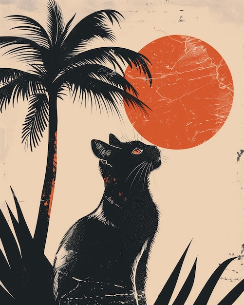 Nostalgic Black Cat and Palm Tree Drawing