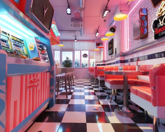 Nostalgic burger diner with oldschool milkshake machines a jukebox playing classics from the 50s