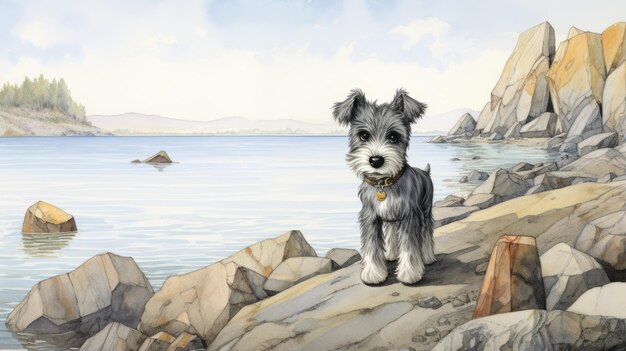Nostalgic Children's Book Illustration Miniatuur Schnauzer Puppy op de kusten van Nunavut