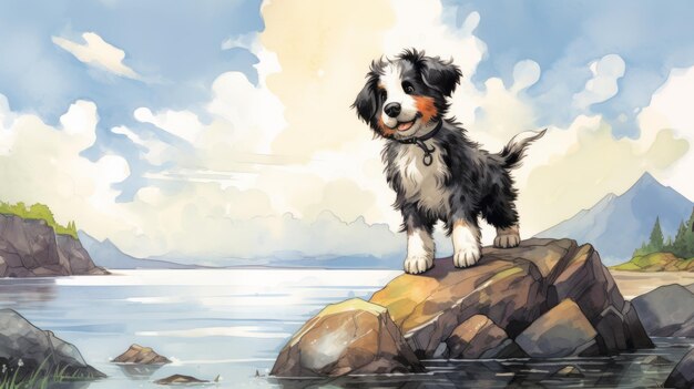 Nostalgic Children39s Book Illustration Bernese Mountain Dog Puppy By The Shores Of Nunavut