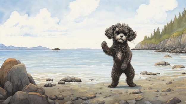 Photo nostalgic children39s book illustration poodle dog at the beach