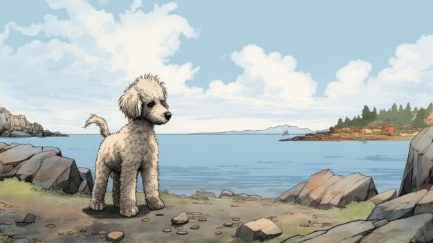 Nostalgic Children39s Book Illustration Poodle Puppy By The Ocean