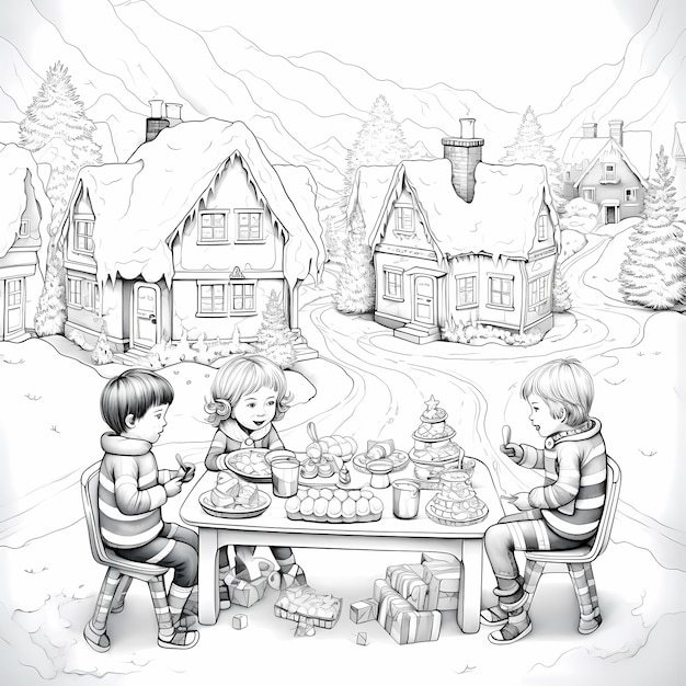 Nostalgic Christmas Delight Vintage Village Coloring Page with Children and Santa