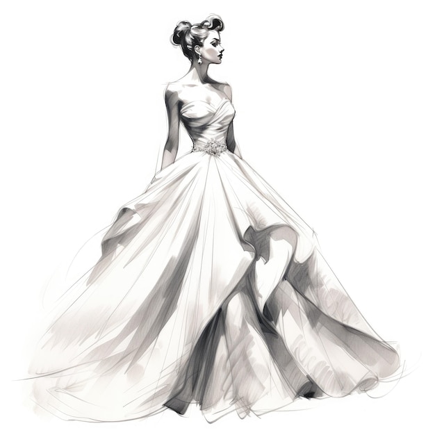 Nostalgic Elegance Vintage 1950s Bridal Gown Fashion Design Sketch