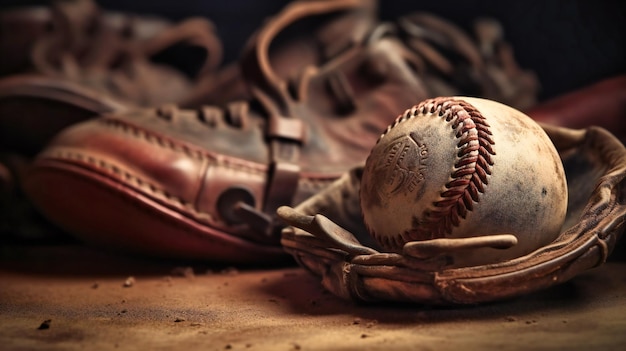 A nostalgic image of a baseball glove and ball on a dusty pitcher's mound