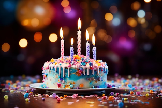 Nostalgic image of a classic birthday cake with colorful candles