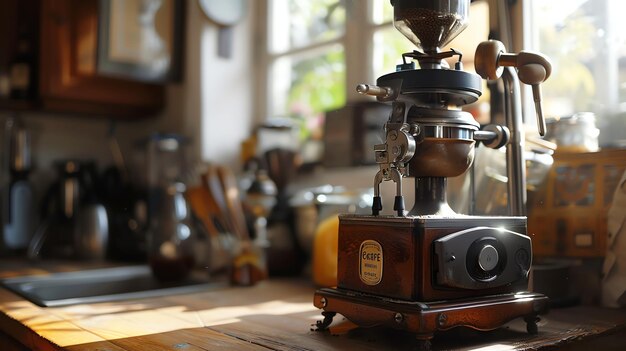 写真 暖かい日光のキッチンの木製のテーブルに座っている古いコーヒー磨き機のかしいイメージ 磨き機は木と金属で作られています