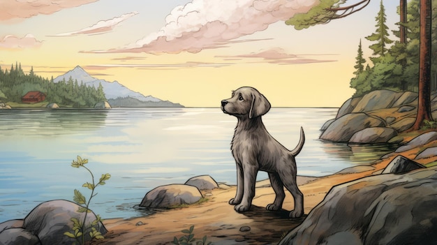 Nostalgic labrador retriever puppy illustration by the lake