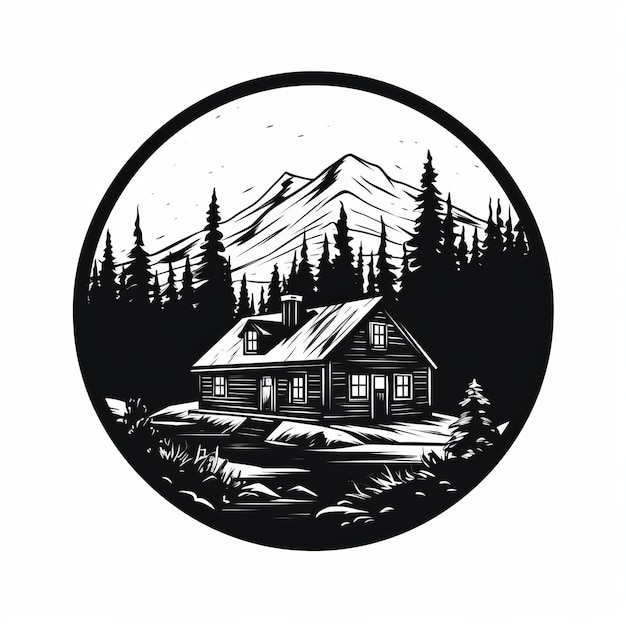 Photo nostalgic landscape cabin logo simple bold black and white art