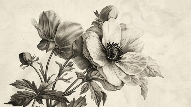 Photo nostalgic old engraving delicate flowers immortalized in intricate detail evoking the timeless beauty and craftsmanship of traditional engraving techniques a vintage tribute to natures elegance