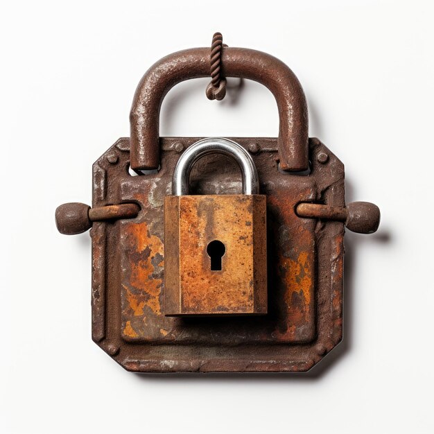 A Nostalgic Photograph The Weathered Beauty of an Old Rust Lock on a White Background