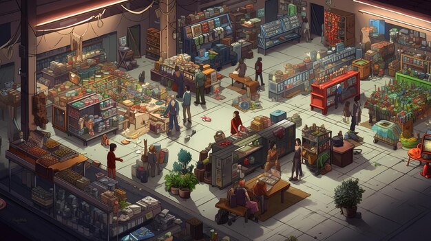 A nostalgic pixel art scene of a retro flea market