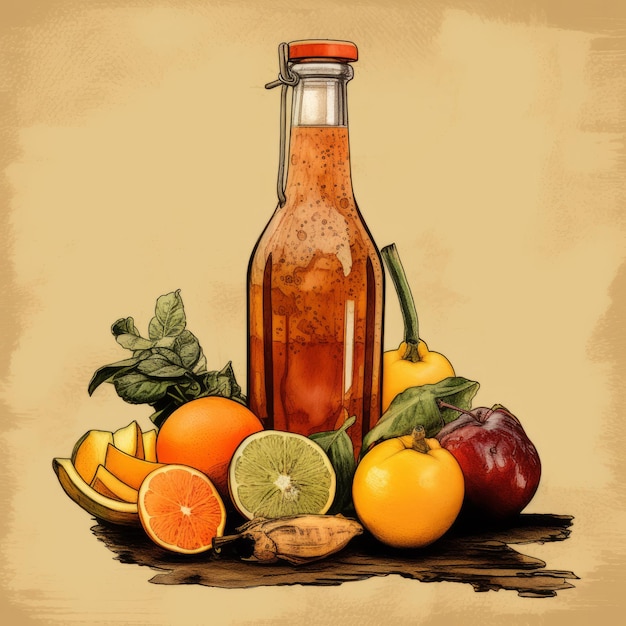 Nostalgic Realism A Warm And Gritty Illustration Of A Fruit Flavor Bottle