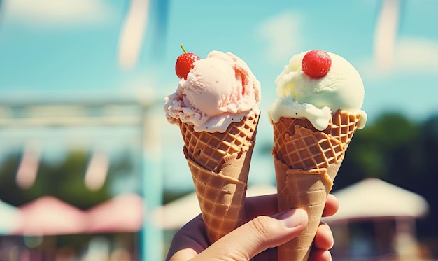 따뜻한 여름 날 에 친구 들 이 아이스크림 코너 를 나누는 기억 을 불러일으키는 향수적 인 릴 이미지