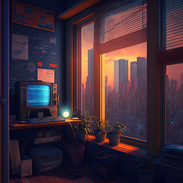 Nostalgic retro room in 80s synthwave or cyberpunk style Futuristic neon interior of the 90s styled apartment