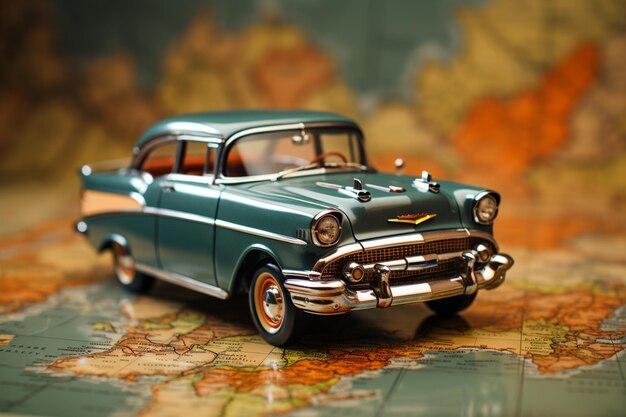 Nostalgic road trip vintage car on an open map selective focus