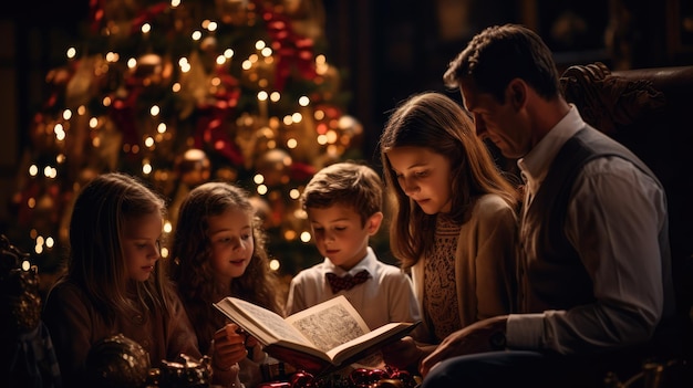 a nostalgic scene of a family gathered around a beautifully decorated Christmas tree