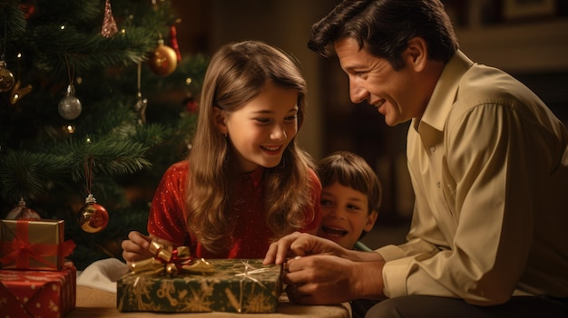 a nostalgic scene of a family gathered around a beautifully decorated Christmas tree