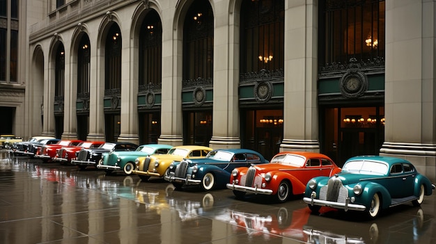 Foto scene nostalgiche della vita americana degli anni '50 con auto colorate di quell'epoca, storia retro vintage.