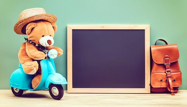 Nostalgic schoolboy adventure retro teddy bear toy and vintage pedal scooter capture the charm