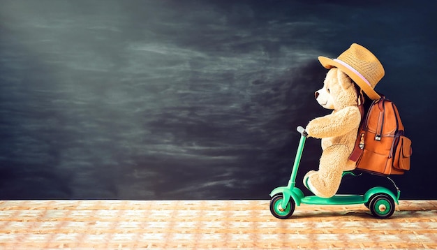 Ностальгическое школьное приключение Ретро игрушка плюшевый медведь и винтажный педальный скутер захватывают очарование