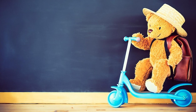 Ностальгическое приключение школьника Ретро игрушка плюшевый медведь и винтажный педальный скутер захват