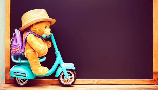 Nostalgic Schoolboy Adventure Retro Teddy Bear Toy and Vintage Pedal Scooter Capture