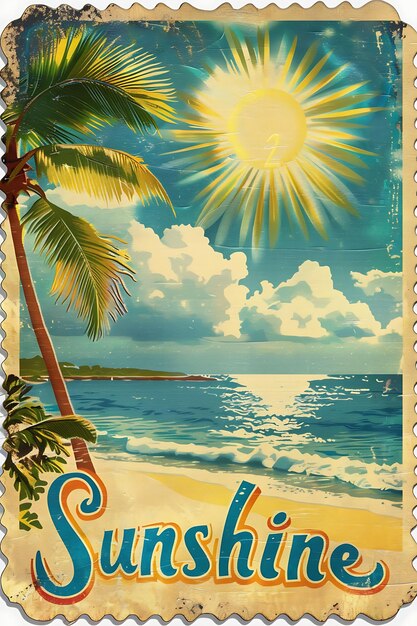 Nostalgic Seaside Postcard With Scalloped Edges Sunshine Illustration Vintage Postcard Decorative