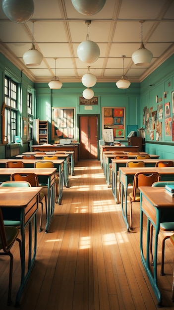 Photo nostalgic shot of an empty classroom at the end of the school year