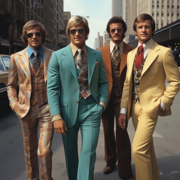 Nostalgic vibes people embracing the eclectic fashion of the 1970s a journey back in time through groovy styles disco glamour and freespirited bohemian expressions