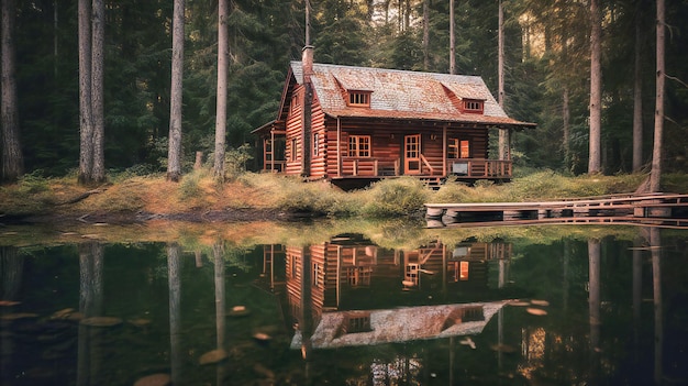 A nostalgic view of a cozy cabin in the heart of a dense forest surrounded by natural beauty and peaceful serenity