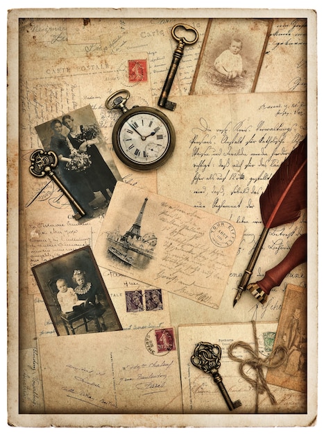 Nostalgic vintage styled background with old post cards letters and photographs