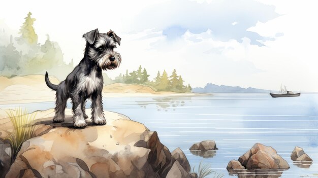 Nostalgic Watercolor Painting Black Schnauzer And Boat By The Water