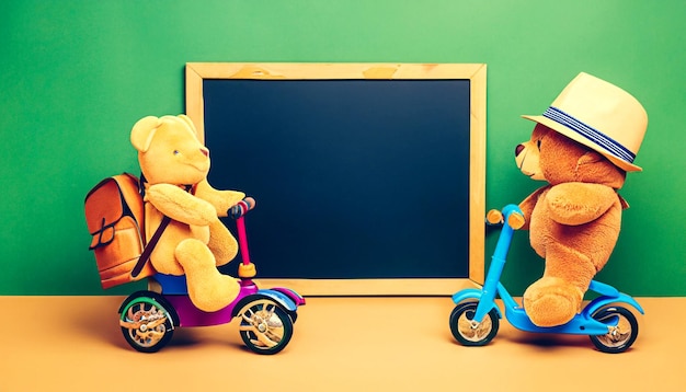 Foto nostalgisch schooljongen avontuur retro teddy bear speelgoed en vintage pedal scooter capture
