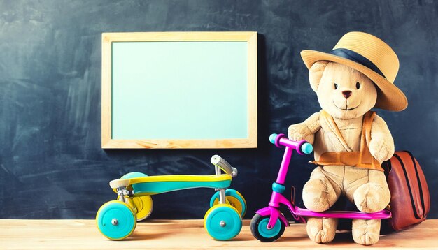 Foto nostalgisch schooljongen avontuur retro teddybeer speelgoed en vintage pedaal scooter vangen de charme