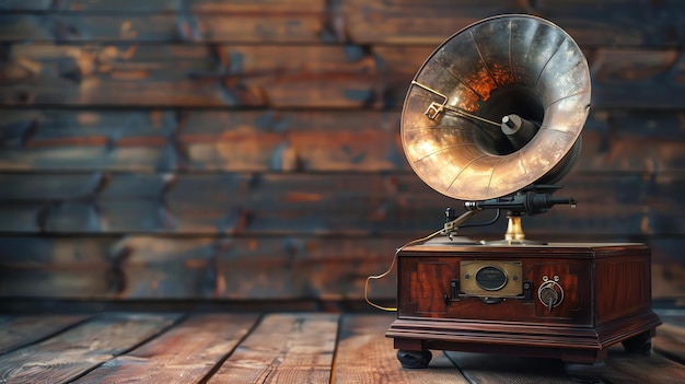 Nostalgische afbeelding van een oude grammofoon uit het begin van de twintigste eeuw De grammofoon staat op een houten tafel tegen een houten achtergrond