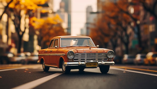 Nostalgische Japanse scène uit 1960, speelgoedauto's, Tokyo Tower, herfstsfeer, snelheid uit de kindertijd in retrostijl