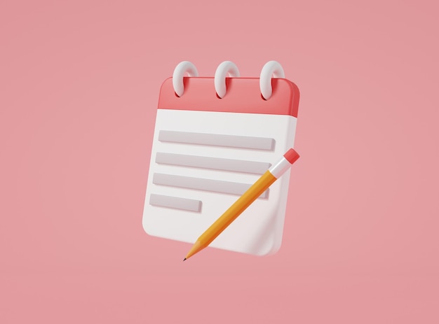 Note book icon and pencil isolated on pink background Remind or checklist and education concept Stick note Clipboard document take notes 3d Rendering illustration Minimal style