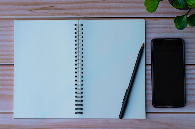 Note book, potted plant, pen and smartphone on wooden table. Space for text. Flat lay, top view