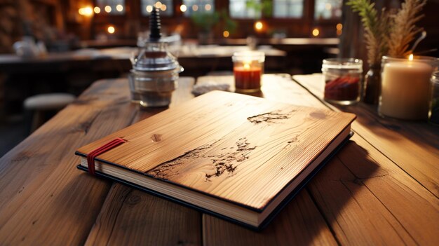 Note book on a wooden table closeup