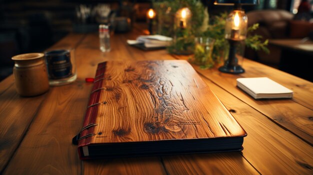Note book on a wooden table closeup