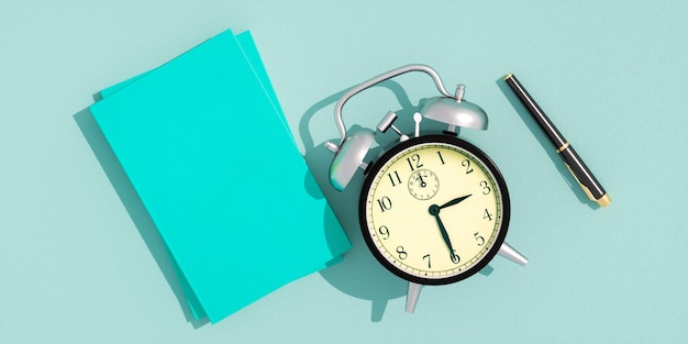 note pad , pen and alarm clock. template concept .